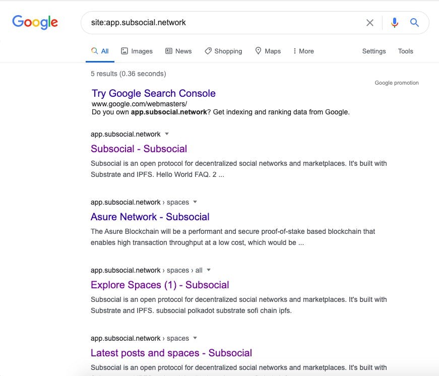 Google started indexing Subsocial spaces and posts